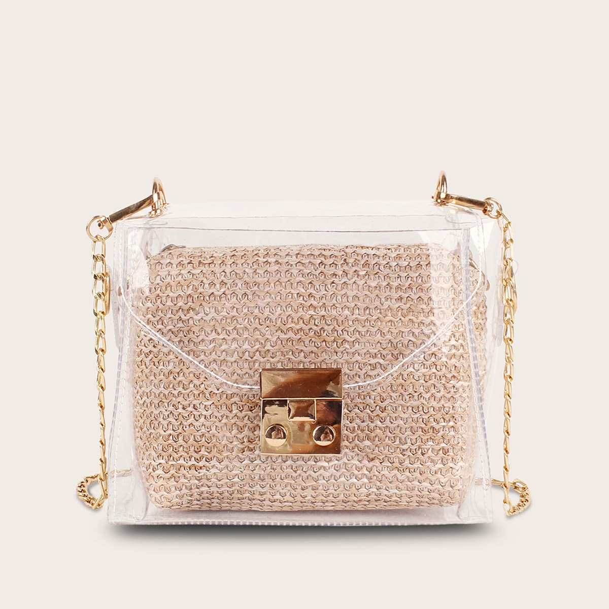 

2pcs Transparent Crossbody Bag With Woven Pouch Bag, Khaki