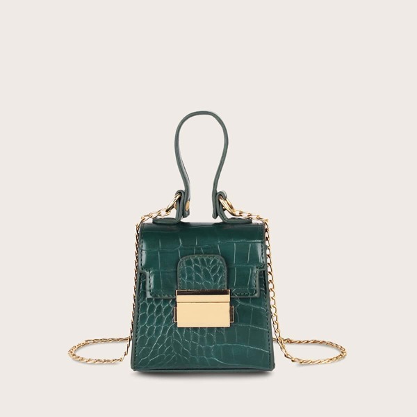 

Mini Metal Lock Croc Embossed Satchel Bag, Green