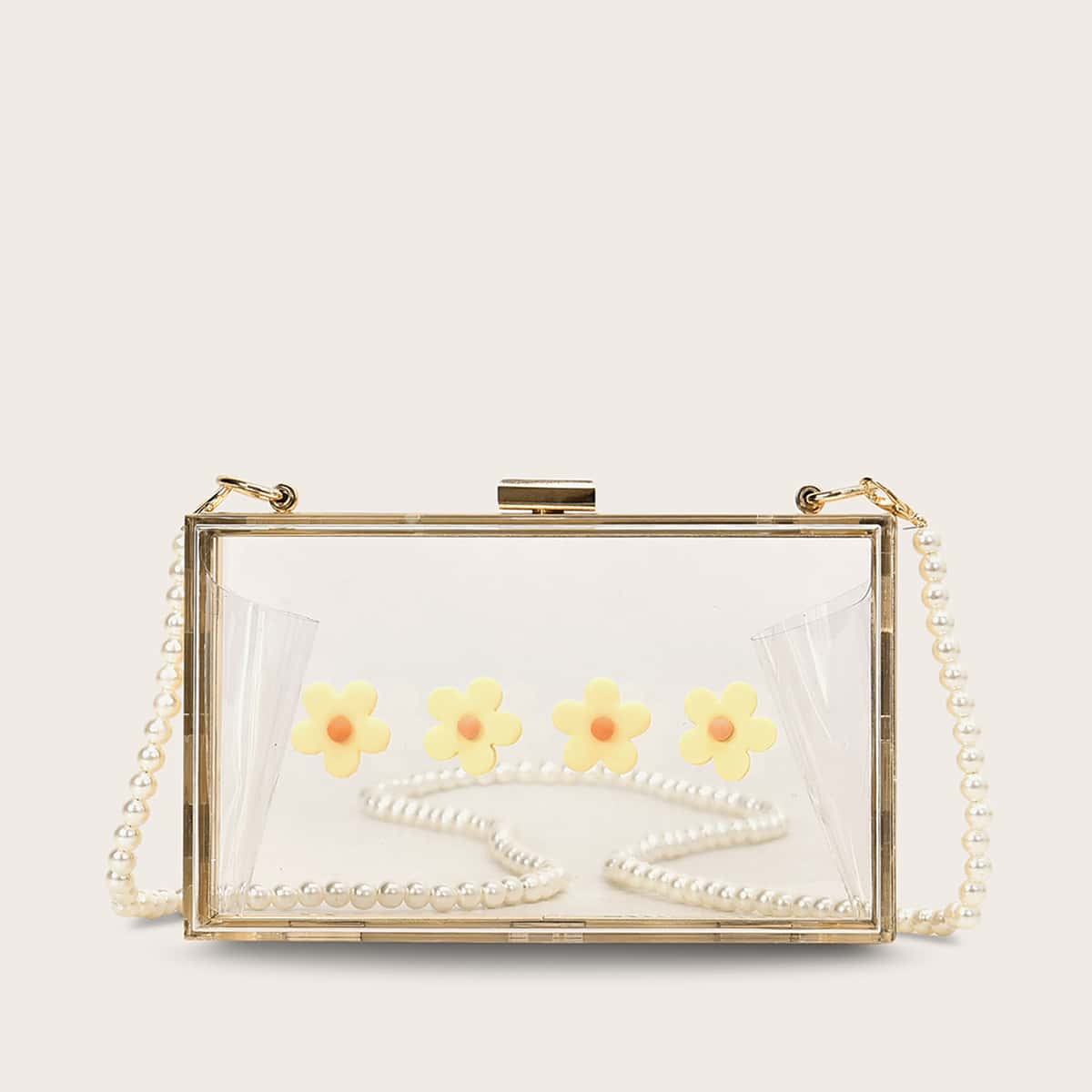 

Clip Top Flower Decor Transparent Chain Box Bag