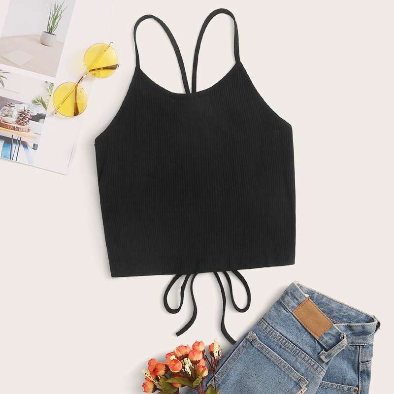 Lace Up Back Black Crop Cami