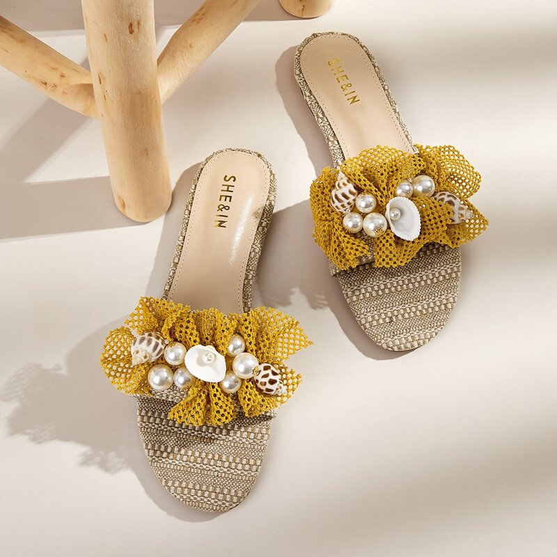 

Faux Pearl & Seashell Decor Open Toe Sliders, Yellow