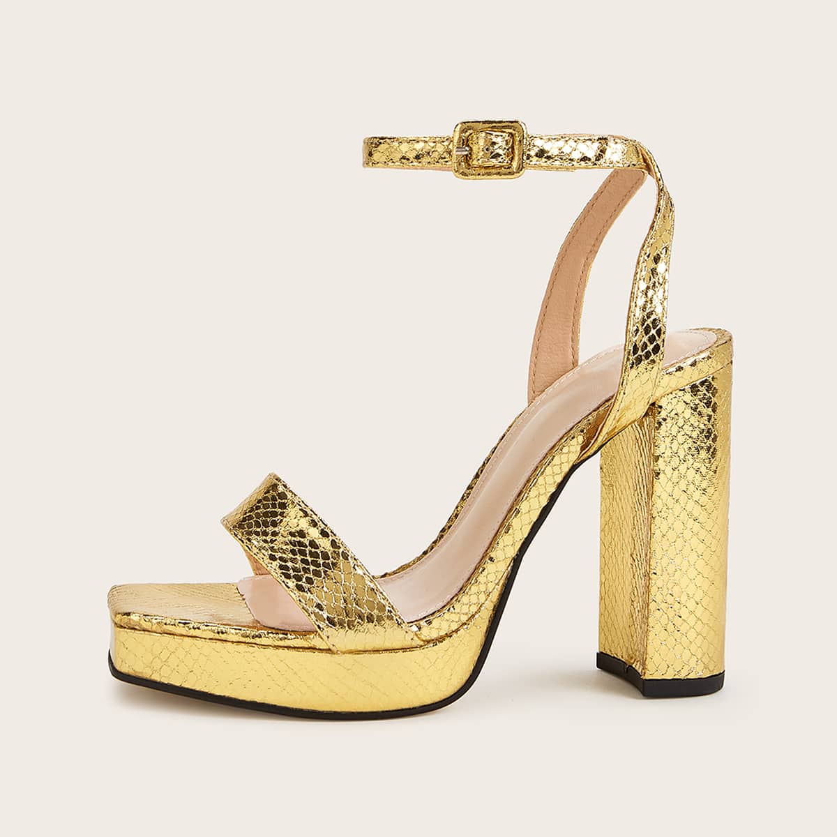 

Metallic Ankle Strap Chunky Heels, Gold