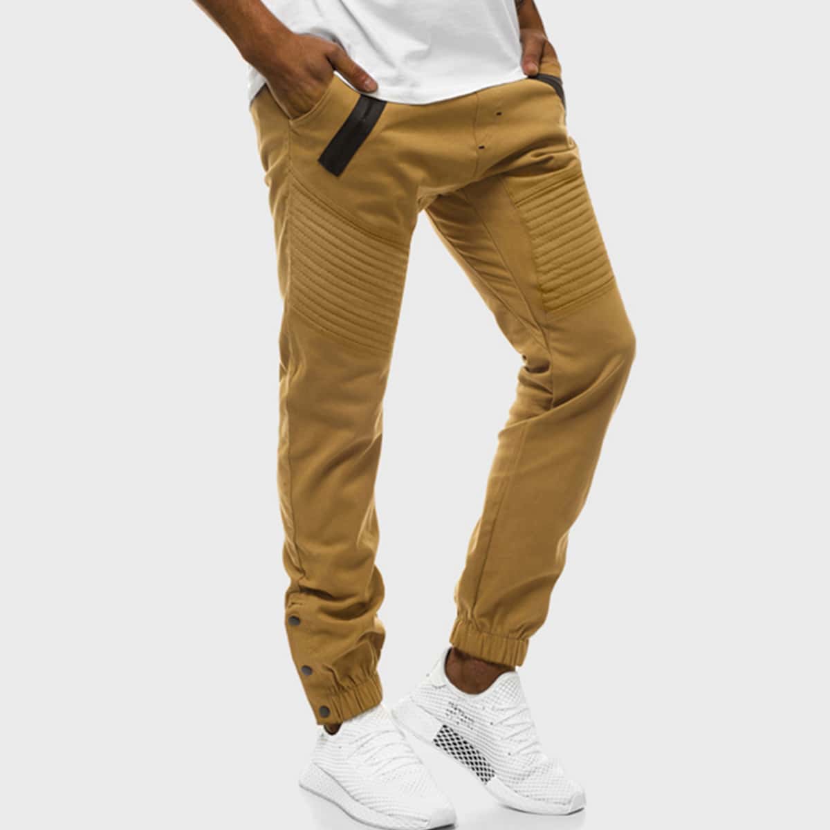 

Guys Pleats Solid Button Hem Pants, Khaki