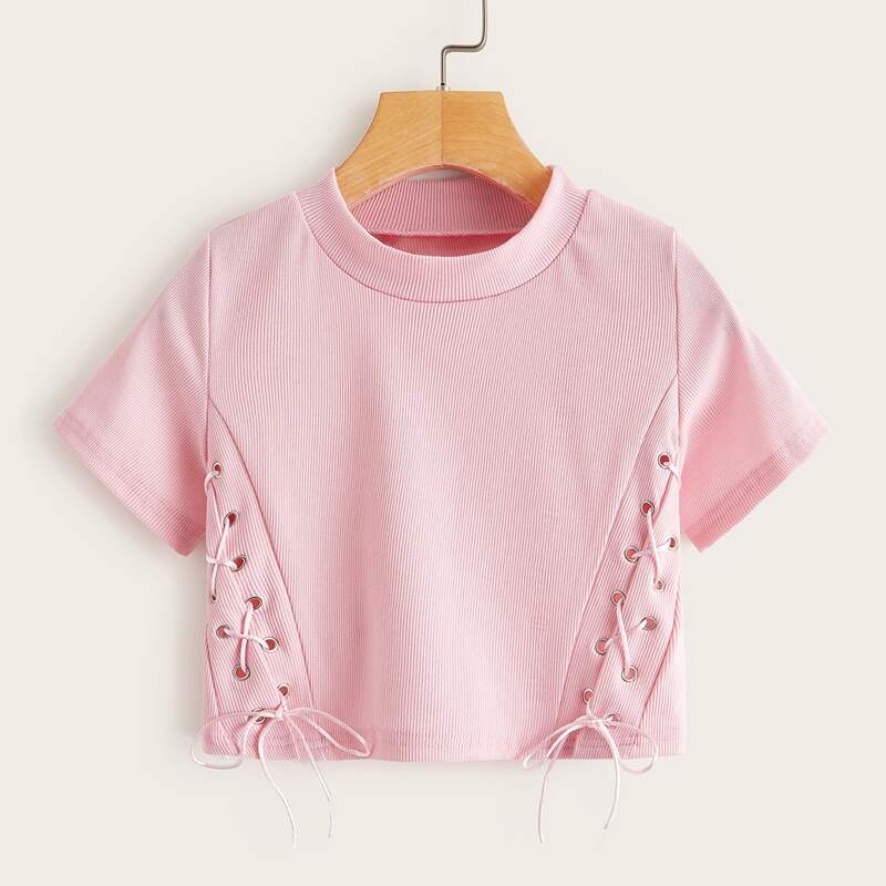 

Lace Up Side Crop Pink Tee