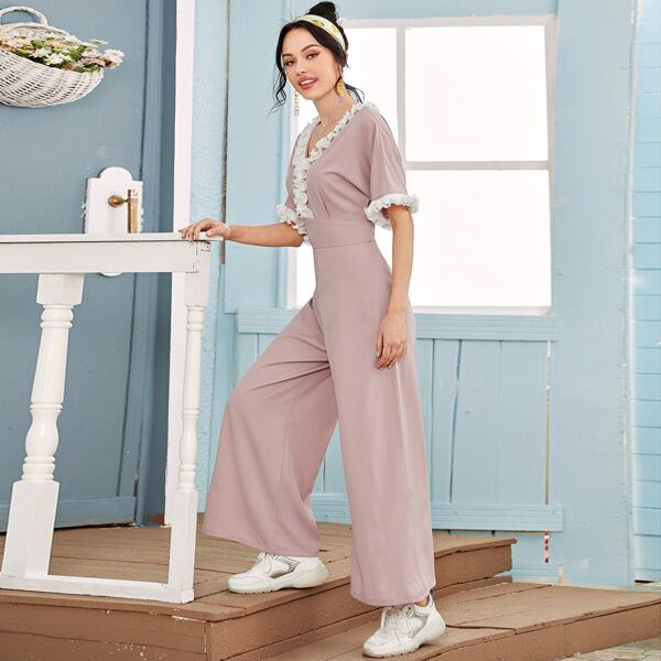 

Contrast Ruffle Trim Batwing Sleeve Wide Leg Jumpsuit, Pink