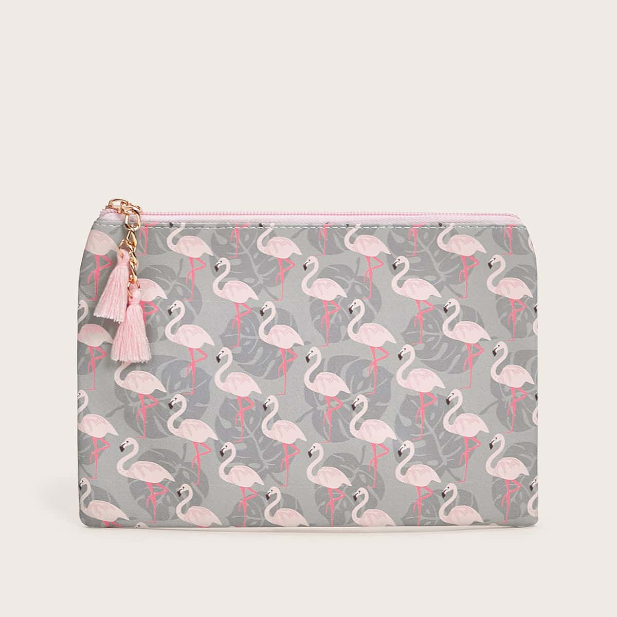 

Tassel Decor Flamingo Print Purse, Multicolor