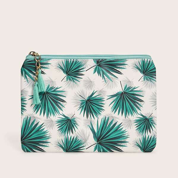 

Tassel Decor Palm Leaf Print Purse, Green