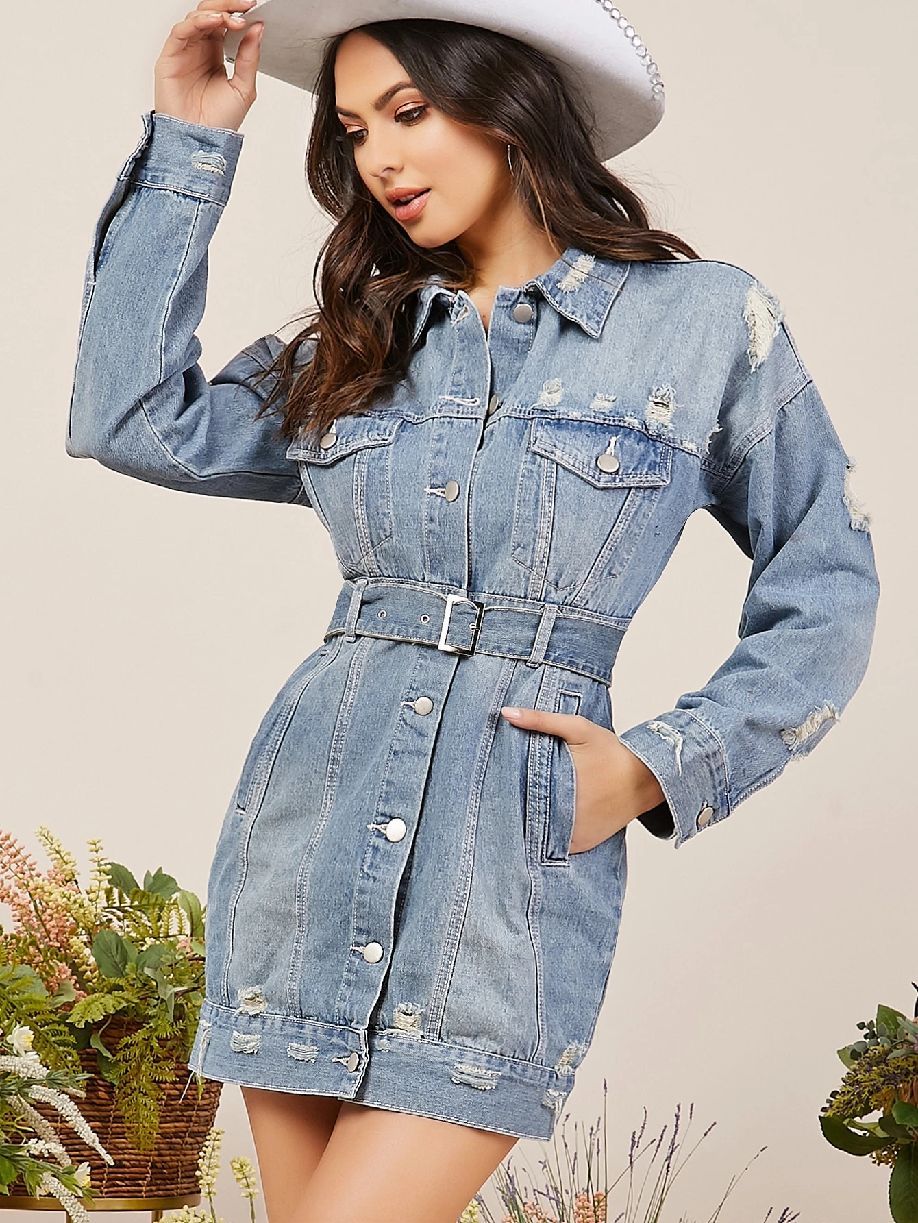 long sleeve belted denim dress