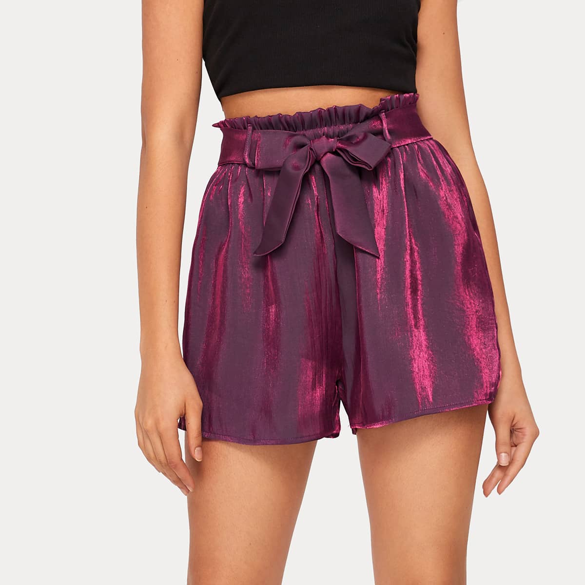 

Metallic Paperbag Waist Shorts, Purple