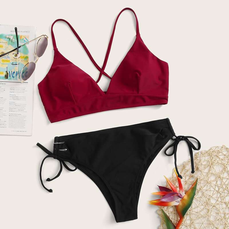 

Two Tone Tie Side Bikini Swimsuit, Multicolor