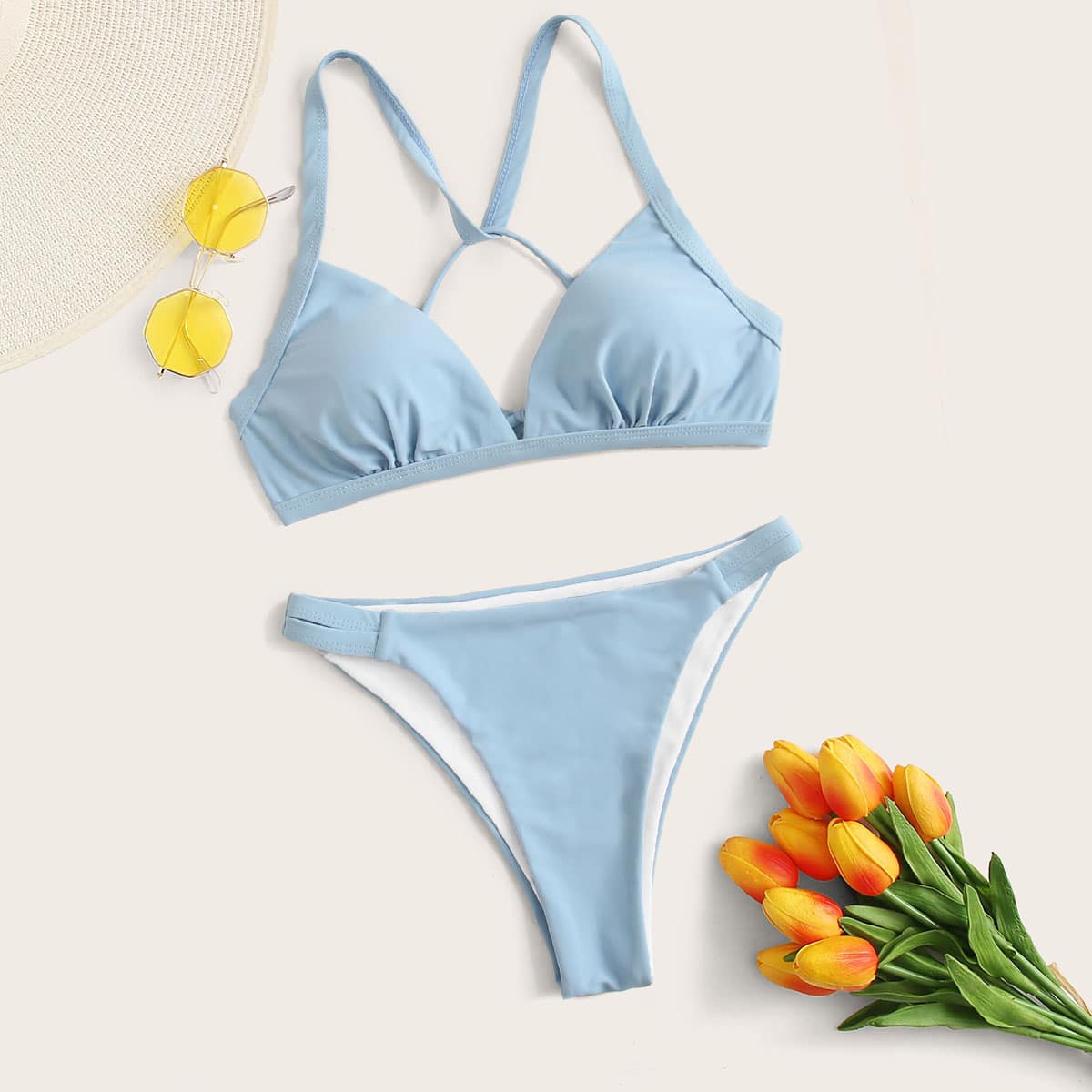 

Crisscross High Leg Bikini Swimsuit, Blue pastel