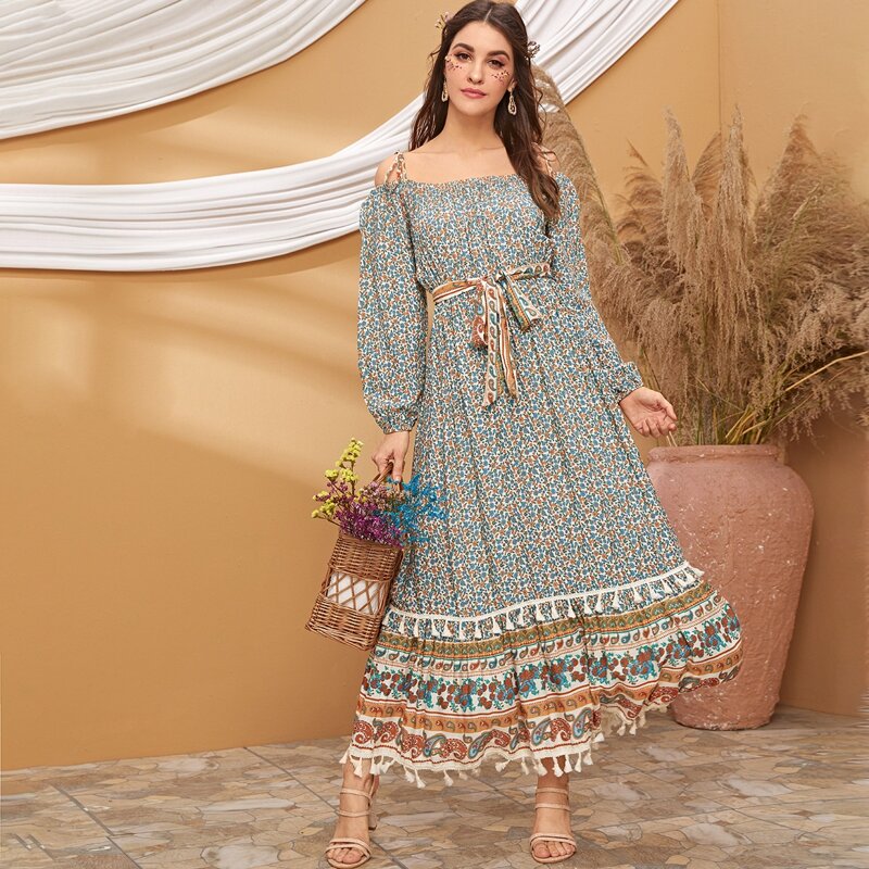 

Tie Shoulder Fringe Ruffle Hem Ditsy Floral Dress, Multicolor