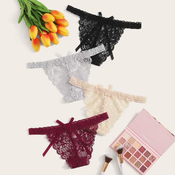 

4pack Scallop Floral Lace Thong Set, Multicolor