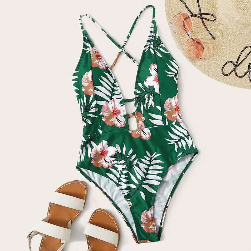 

Tropical Plunging Random Print One Piece Swimsuit, Green