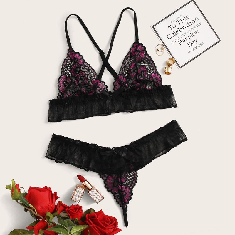 

Frill Trim Floral Lace Lingerie Set, Black