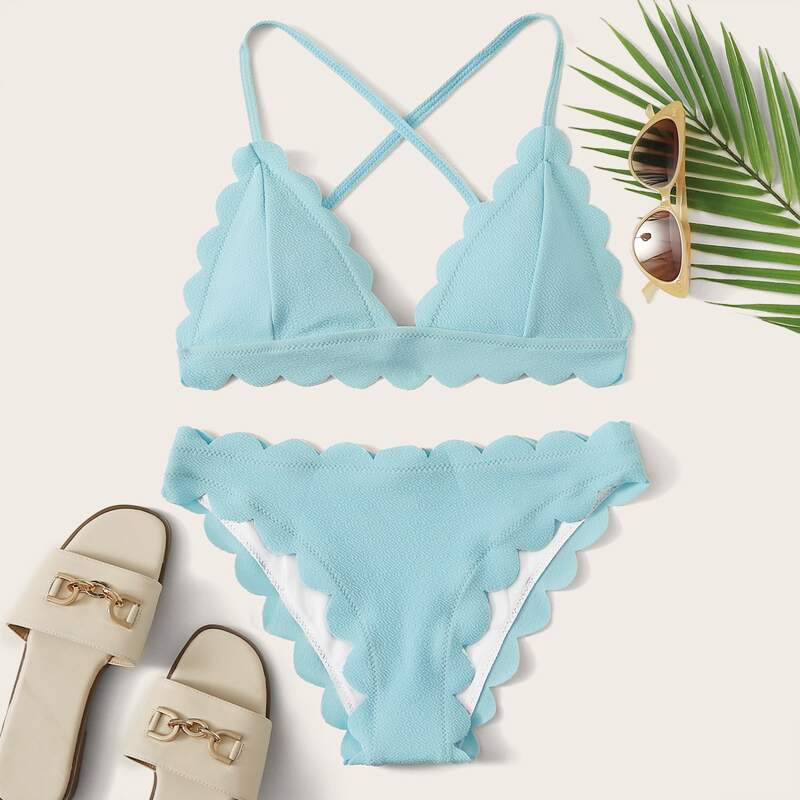 

Scallop Trim Tie Back Triangle Bikini Swimsuit, Blue