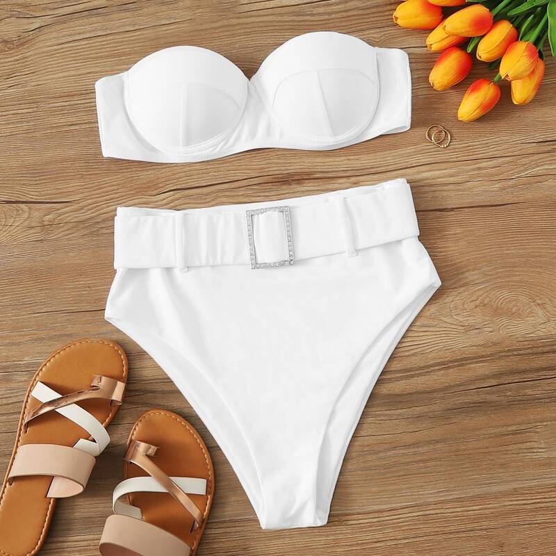 

Underwire Bandeau High Waist Bikini Swimsuit, White