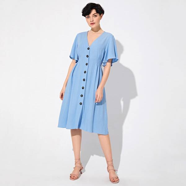 

Flutter Sleeve Shirred Detail Single Breasted Dress, Blue pastel