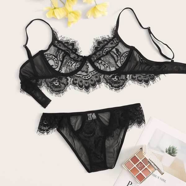 

Eyelash Floral Lace Lingerie Set, Black