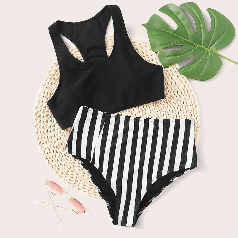 

Striped High Waisted Bikini Swimsuit, Black and white