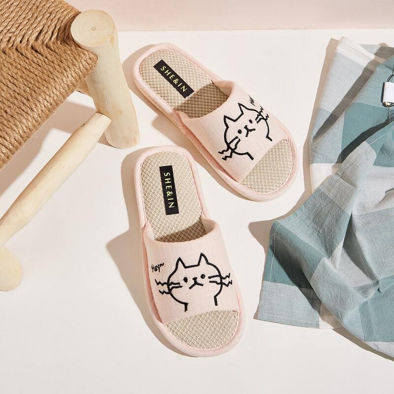 

Cartoon Embroidered Linen Sliders, Pink