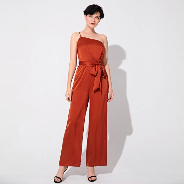 

One Shoulder Self Belted Wide Leg Satin Jumpsuit, Orange