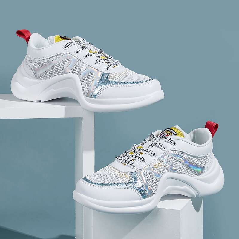 

Holographic Mesh Panel Lace-up Front Sneakers, White