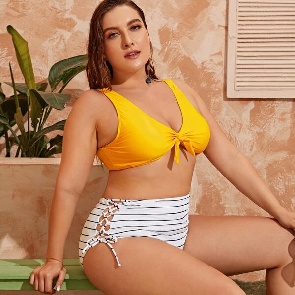 

Plus Striped Lace-up High Waisted Bikini Swimsuit, Multicolor