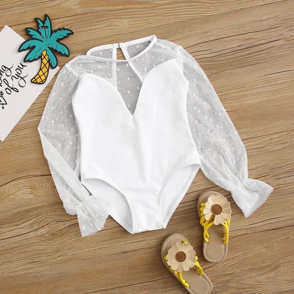 

Toddler Girls Contrast Mesh Long Sleeve One Piece Swimwear, White