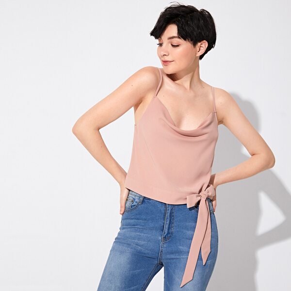 

Draped Neck Knotted Hem Cami Top, Pink pastel
