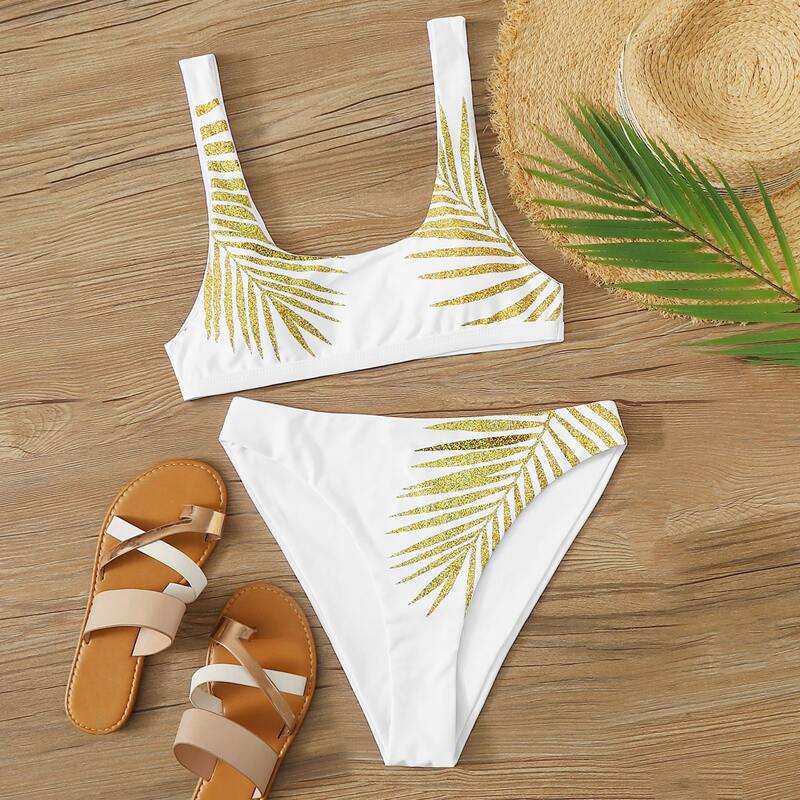 

Palm Leaf Print High Cut Bikini Swimsuit, White