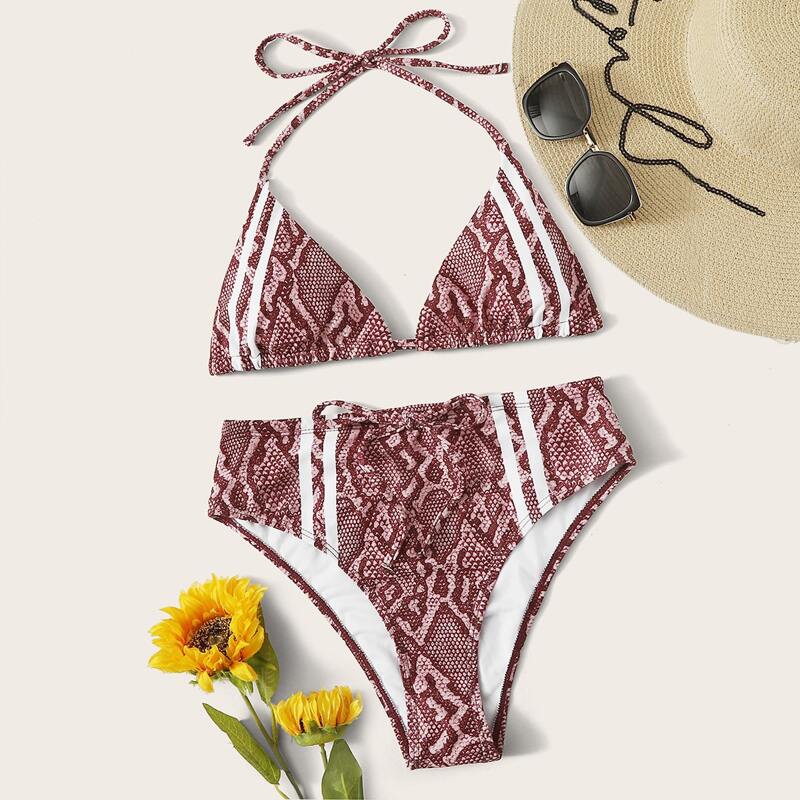

Snakeskin Halter High Waisted Bikini Swimsuit, Burgundy