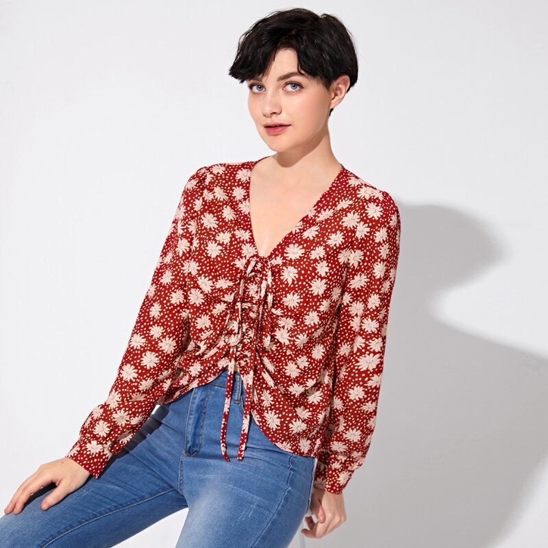 

Drawstring Front Floral Print Top, Red