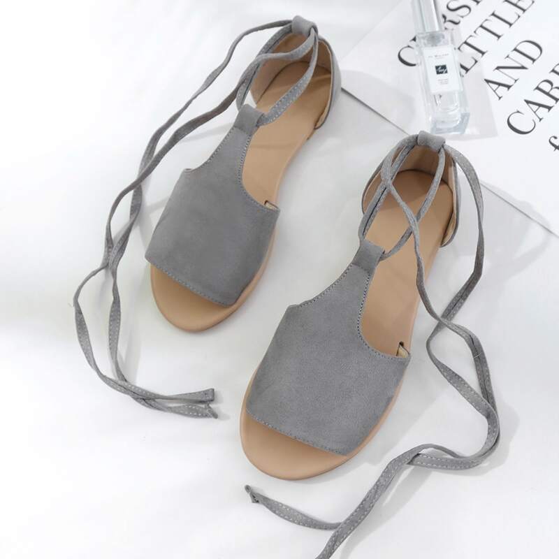 

Tie Leg Suede Flat Sandals, Grey