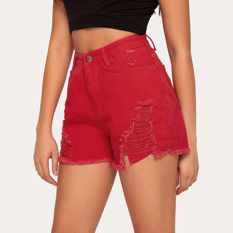 

Ripped Denim Shorts Without Belt, Red
