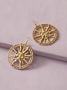 1對鏤空太陽設計圓形耳墜 - 金黃色 - 查看 2