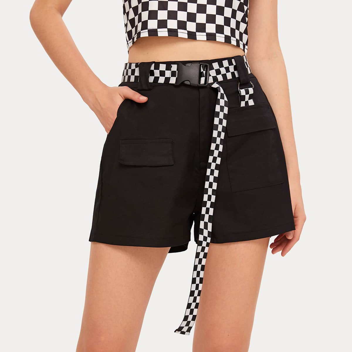 

Black Cargo Shorts With Checkered Belt