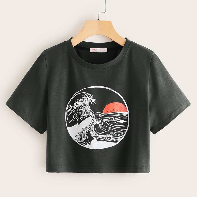 

Wave Graphic Crop Tee, Dark grey