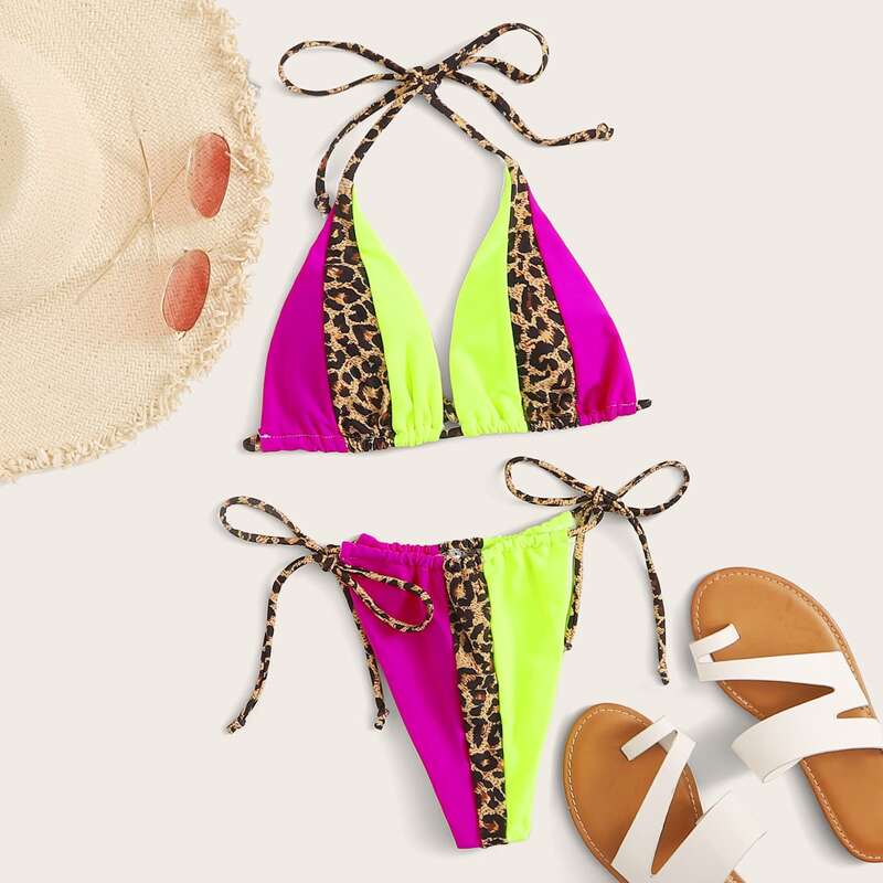 

Colorblock Triangle Tie Side Bikini Swimsuit, Multicolor