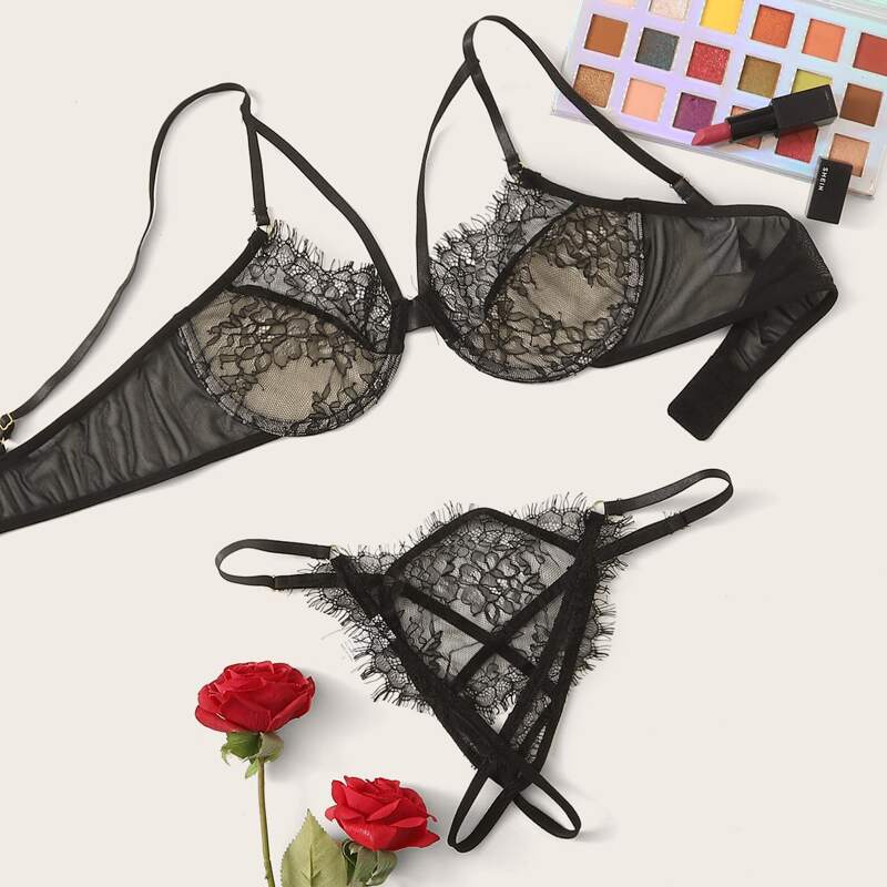 

Floral Lace Underwire Harness Lingerie Set, Black