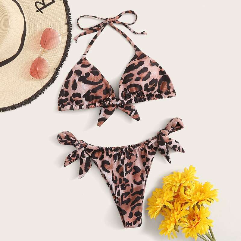 

Leopard Halter Triangle Tie Side Bikini Swimsuit, Multicolor