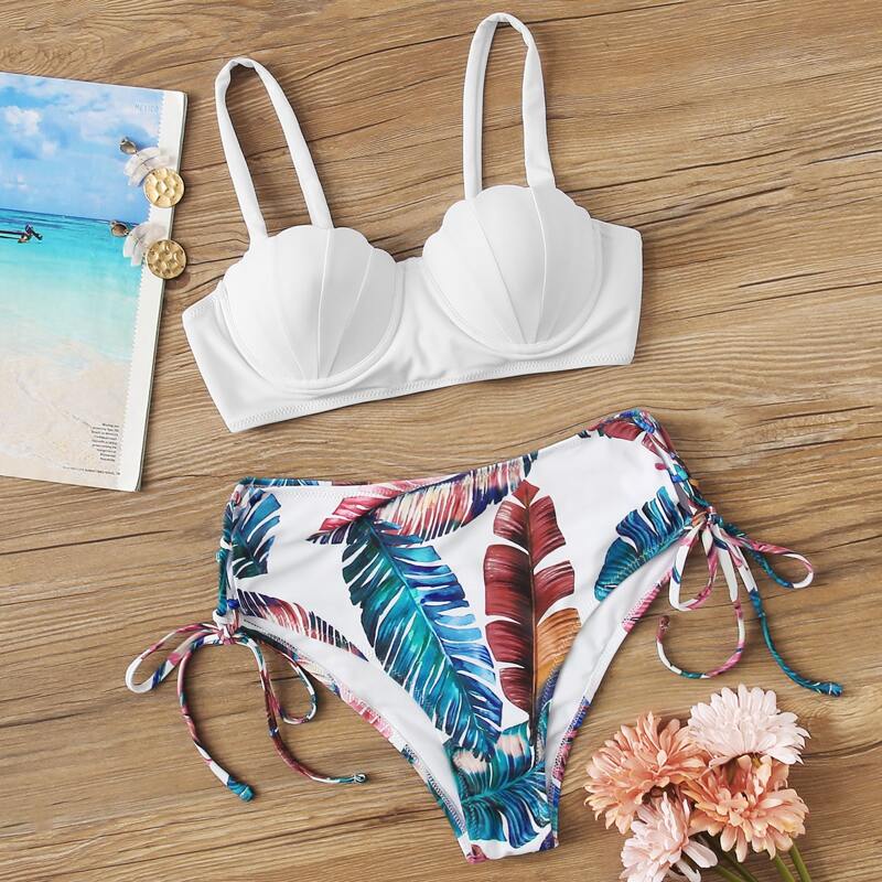 

Tropical Scallop Trim Underwire Bikini Swimsuit, Multicolor