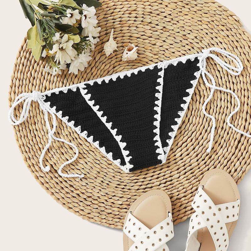 

Contrast Binding Crochet Tie Side Bikini Panty, Black
