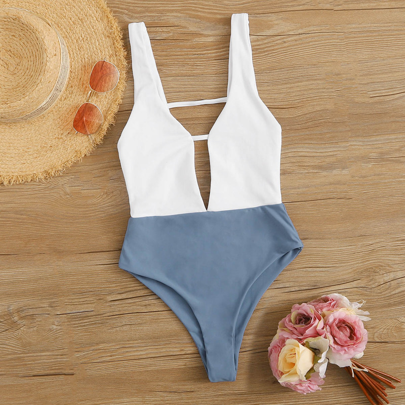 

Two Tone Plunge One Piece Swimsuit, Multicolor