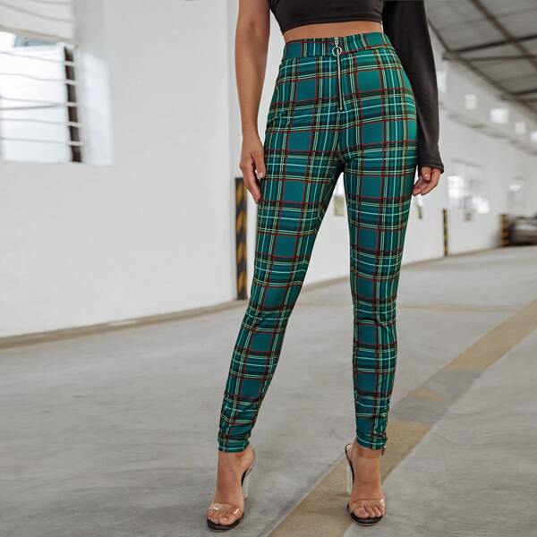 

Zipper Fly Plaid Pants, Green
