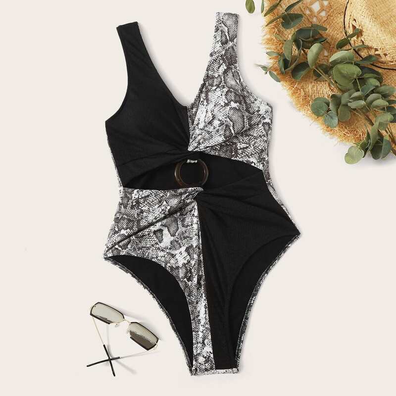

Snakeskin Rib Ring Linked One Piece Swimsuit, Multicolor