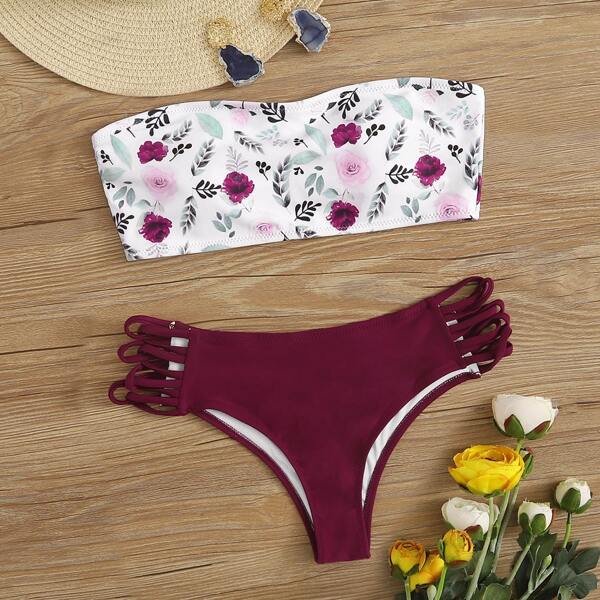 

Floral Ladder Cut-out Bandeau Bikini Swimsuit, Multicolor