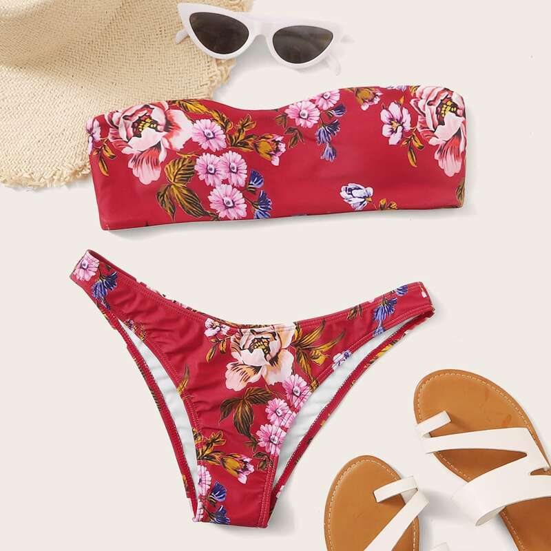 

Floral Print Bandeau With High Cut Bikini, Red