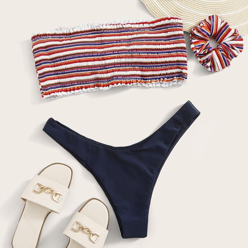 

Striped Smocked Frill Bandeau Bikini Swimsuit, Multicolor