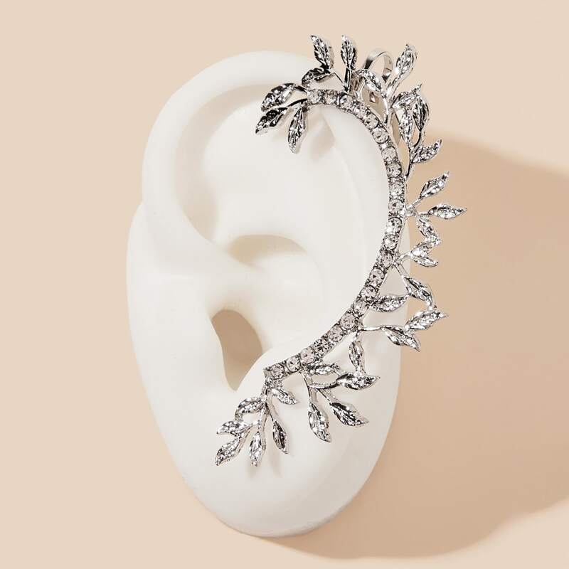 

1pc Rhinestone Engraved Leaf Stud Earrings, Silver